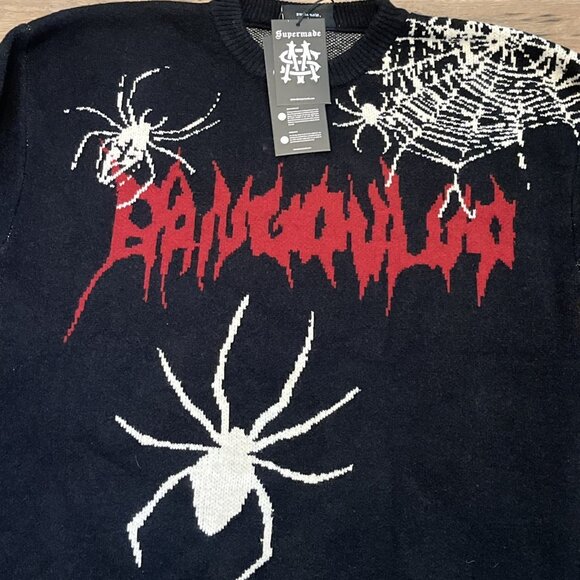 Men's Supermade Knit Sweater SZ XL Black Spider Web Streetwear Frayed NWT - Picture 2 of 8
